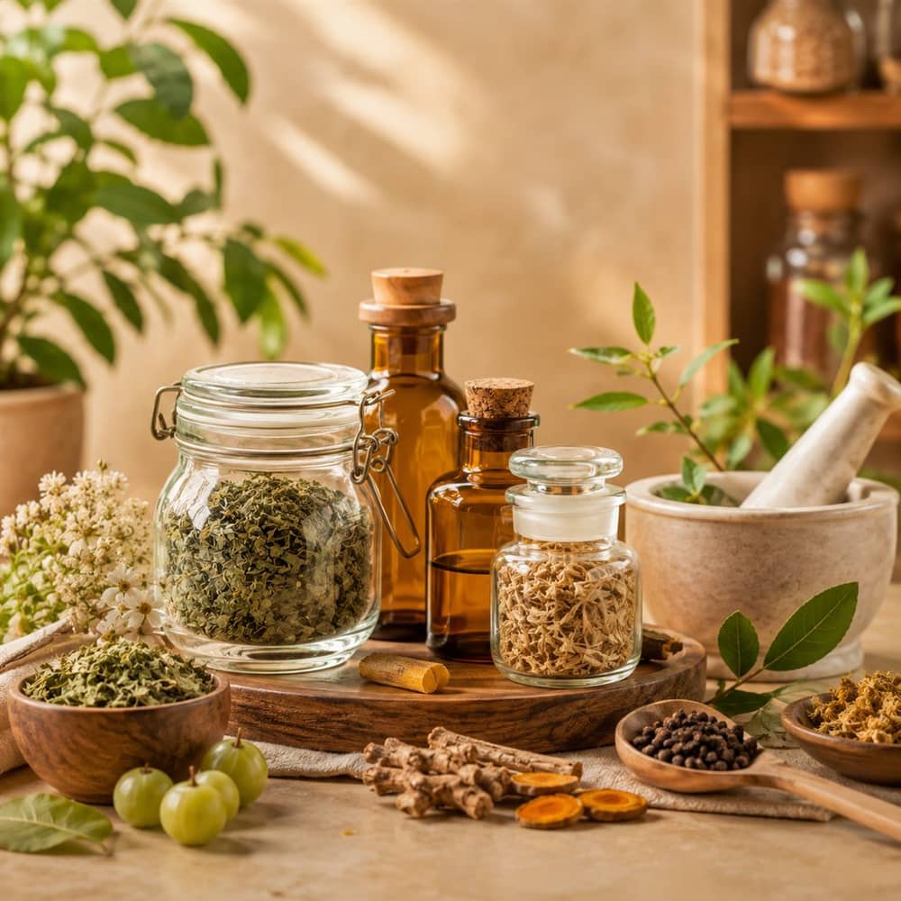 Apothecary heritage — jars of botanicals, oils and roots